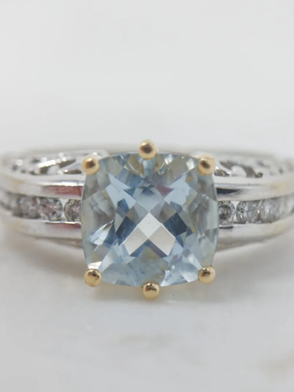 14K Two Tone Gold Aquamarine Diamond Ring approx. 2ct Cushion Size 6.5